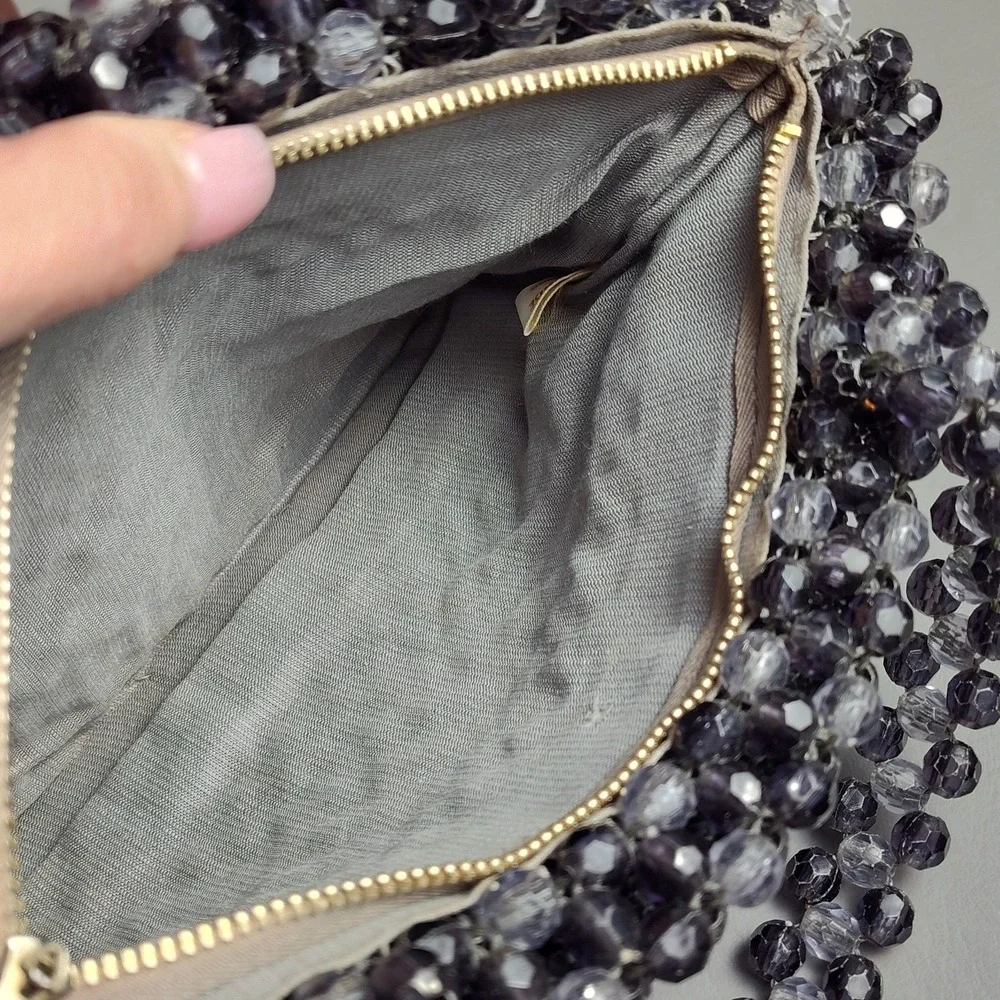 Vintage Crystal Beaded Purse Fauceted Beads Smoke Gray Hong Kong 60s Handmade